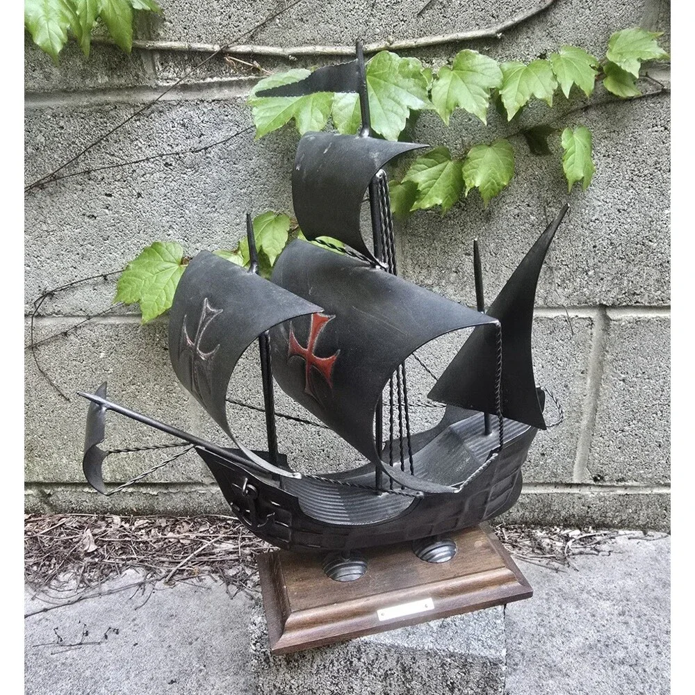 Vintage Santa Maria Sailing Ship Tin On Wooden Base Nautical Decor 15.5